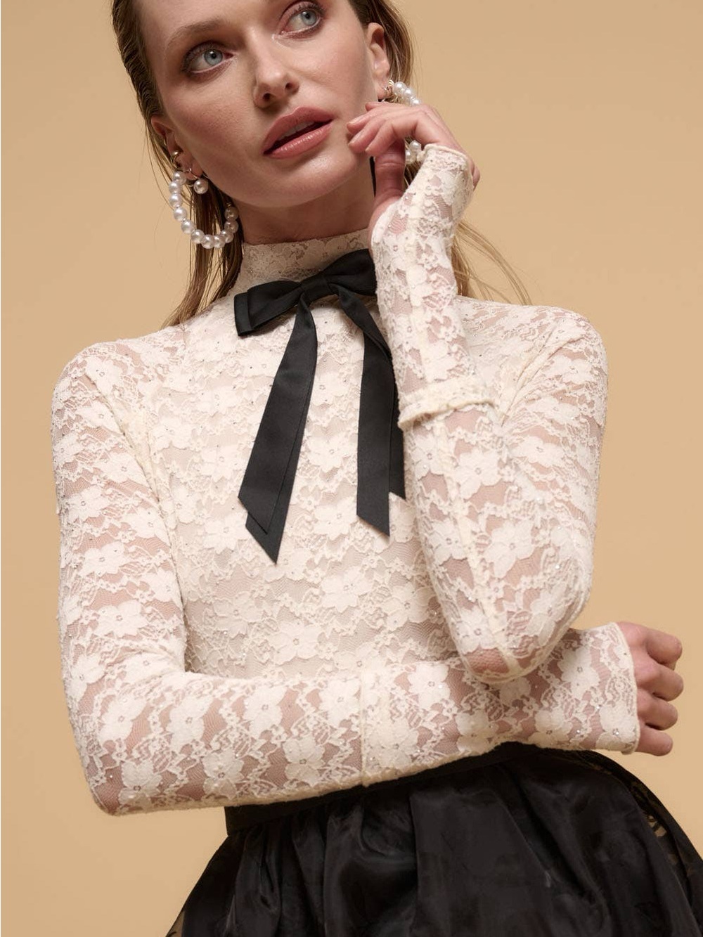 Promesa Studded Floral Lace High-Mock
Neck Knit Top Cream